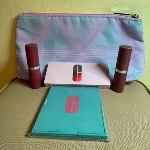 New Clinique set- travel mirror/2 lipsticks/All About Shadow quad palette box